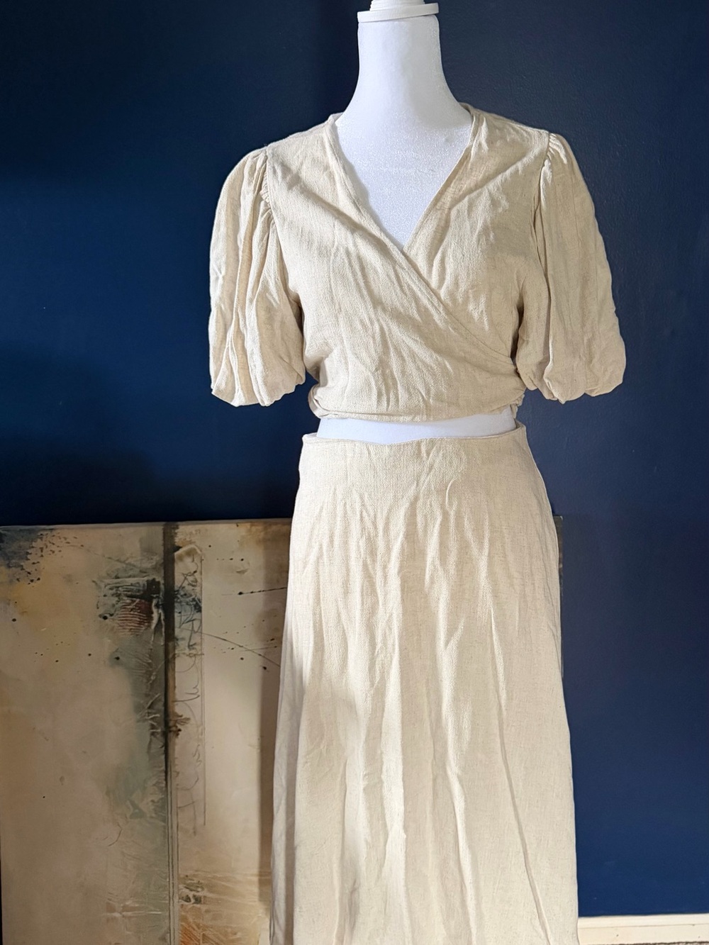Altar’d State Cream Linen Wrap-Style Crop Top & matching Midi Skirt Set